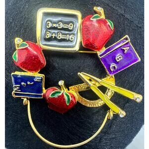 Teacher, Educator brooch with wire to hold charms,‎ enamel, gold-toned